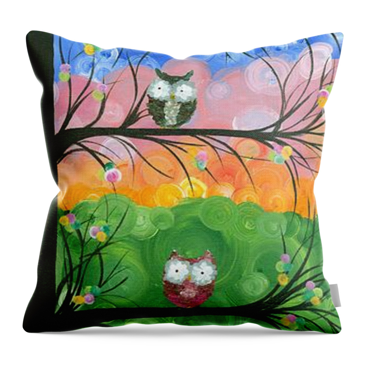 Owls Throw Pillow featuring the painting Hoolandia Family Tree 02 by MiMi Stirn