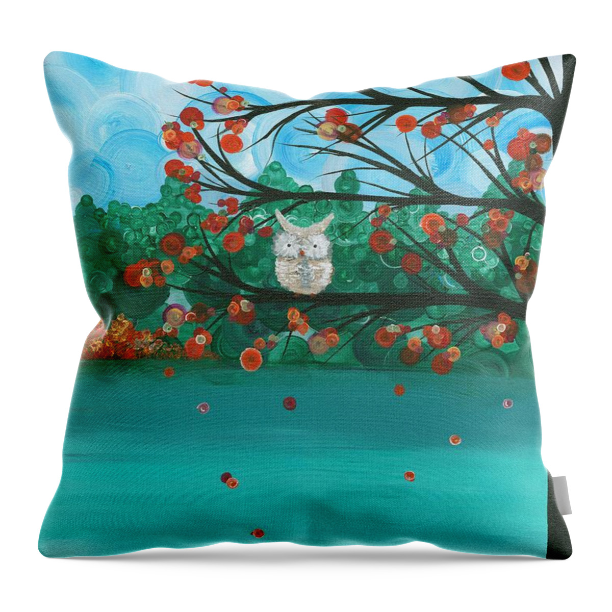 Owls Throw Pillow featuring the painting Hoolandia Seasons - Autumn by MiMi Stirn