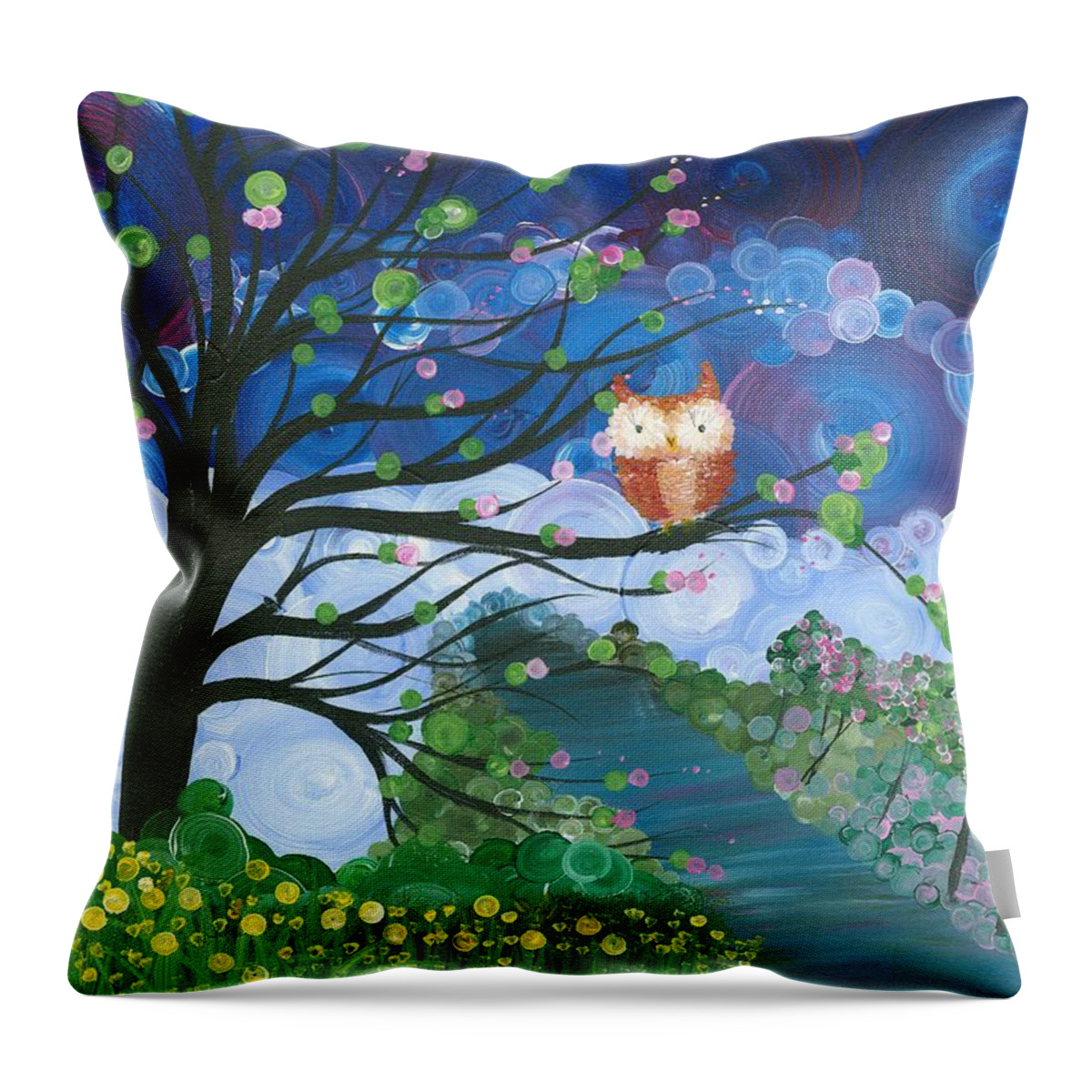 Owls Throw Pillow featuring the painting Hoolandia Seasons Spring by MiMi Stirn