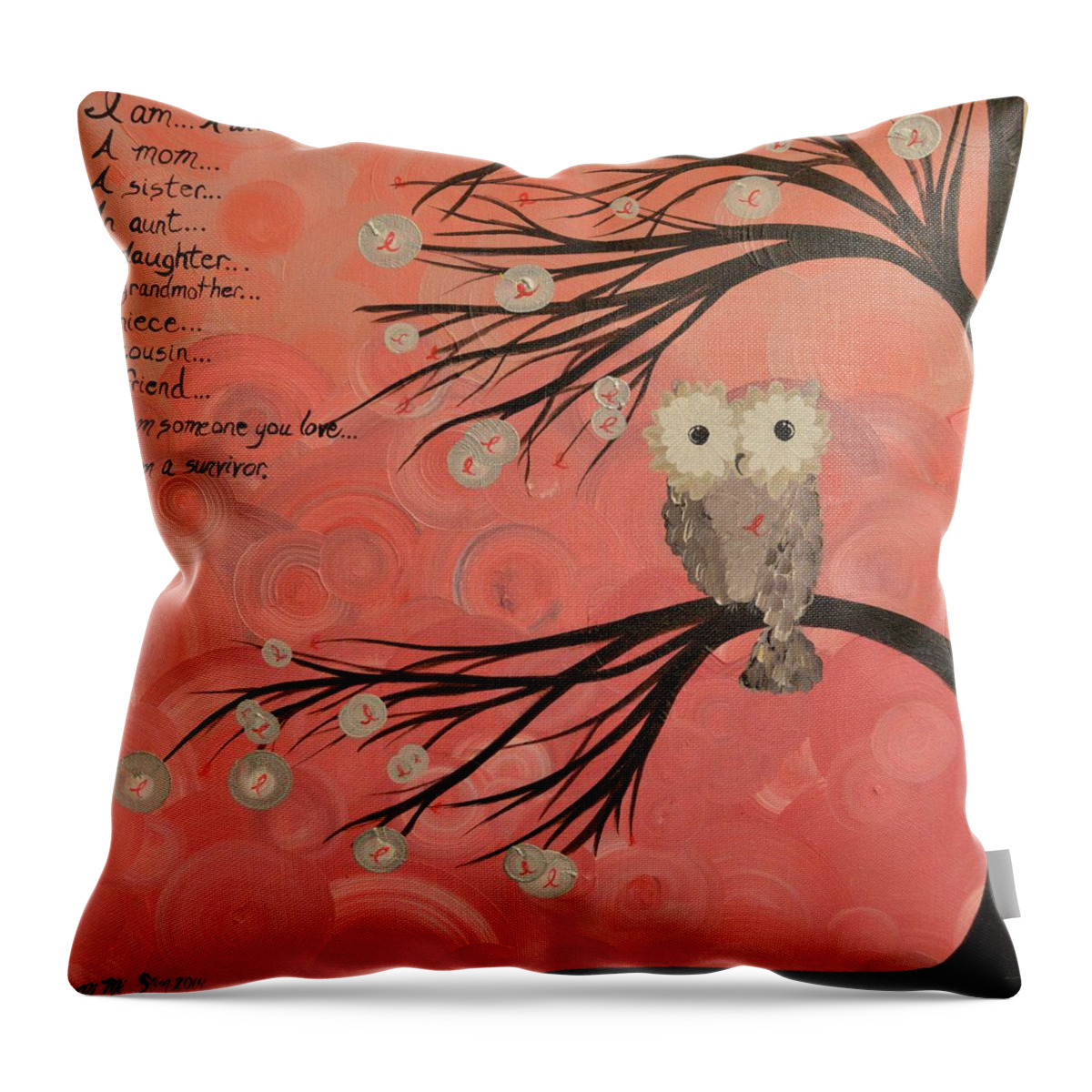 Owls Throw Pillow featuring the painting Hoo's Who Care - Find The Cure - Support Breast Cancer Awareness - Hoolandia #383 by MiMi Stirn