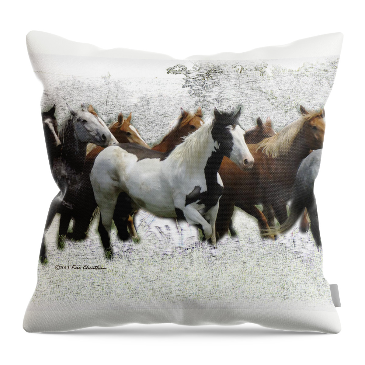 Horses Throw Pillow featuring the mixed media Horse Herd #3 by Kae Cheatham