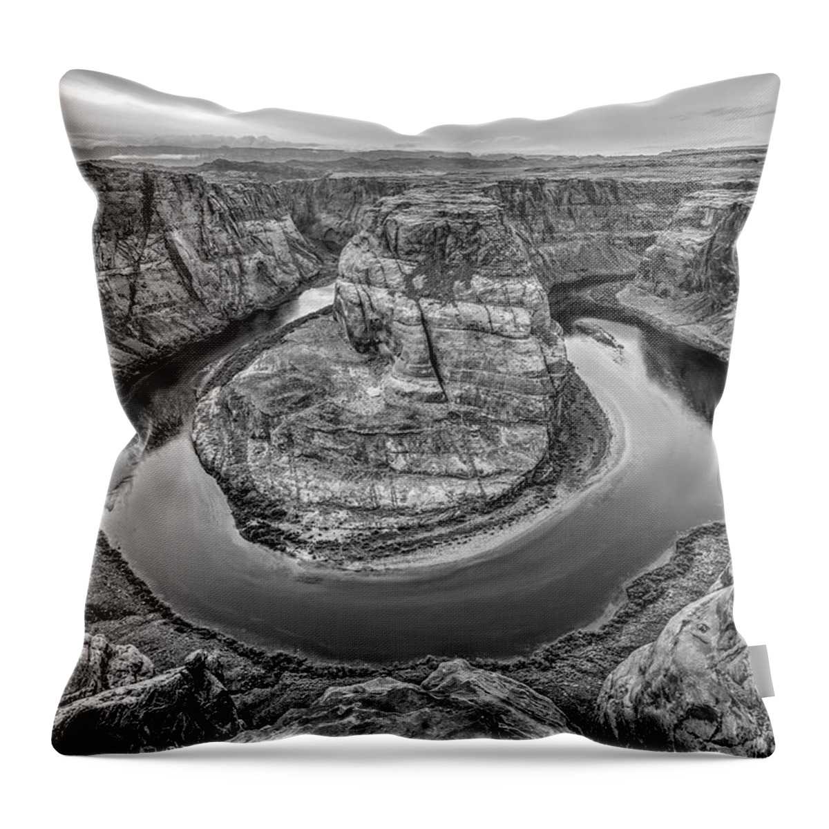 Horseshoe Bend Throw Pillow featuring the photograph Horseshoe Bend Arizona Black and White by Todd Aaron