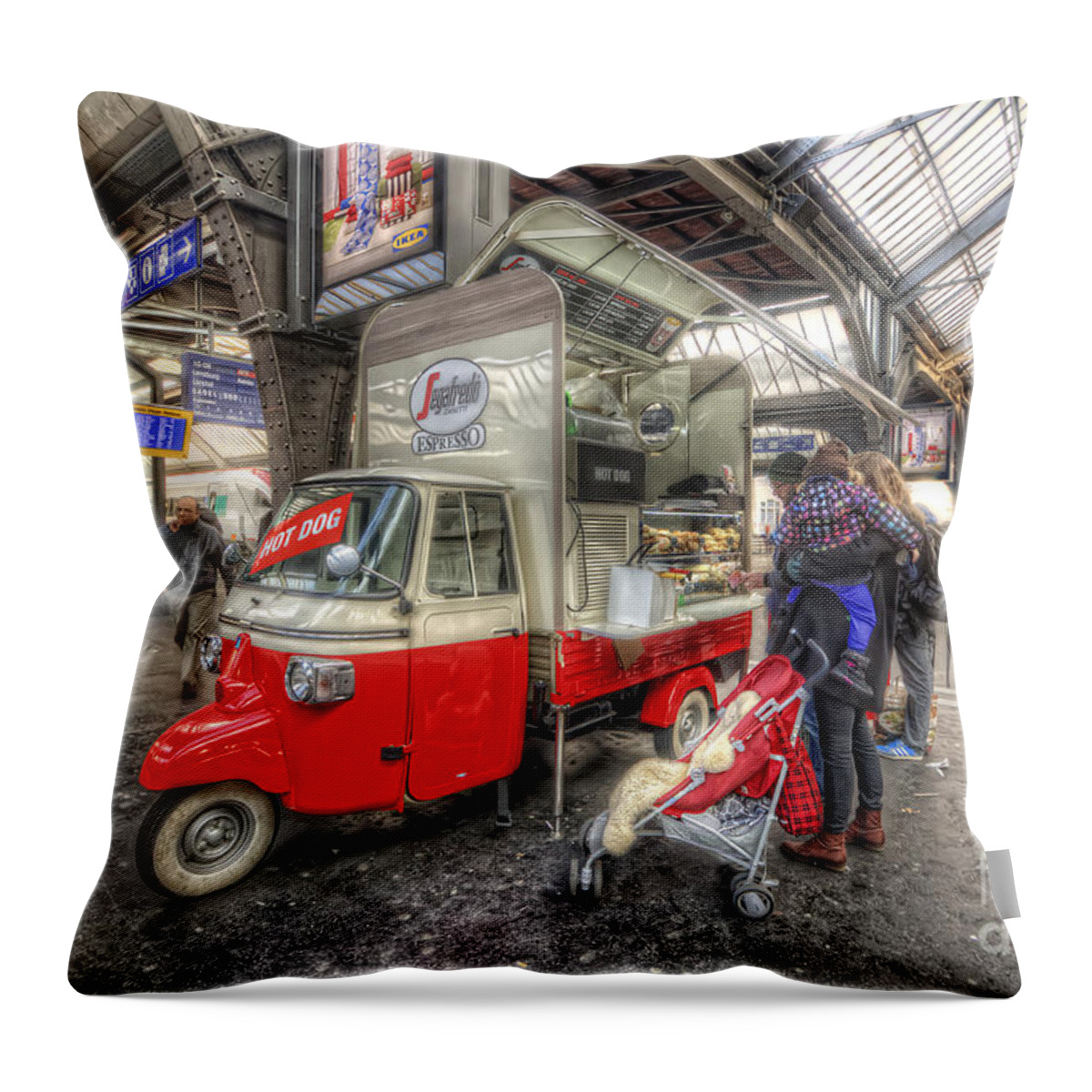 Yhun Suarez Throw Pillow featuring the photograph Hotdog Stand at Hauptbahnhof by Yhun Suarez