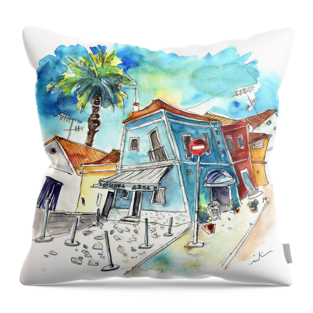Portugal Throw Pillow featuring the painting Houses in Moita in Portugal by Miki De Goodaboom