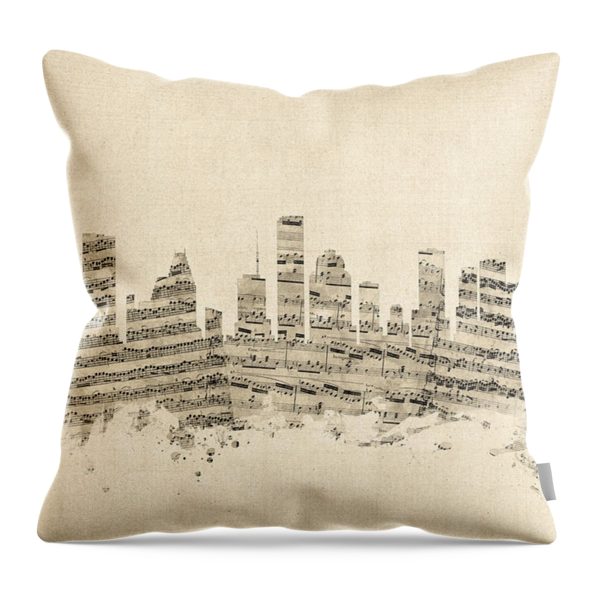 United States Throw Pillow featuring the digital art Houston Texas Skyline Sheet Music Cityscape by Michael Tompsett