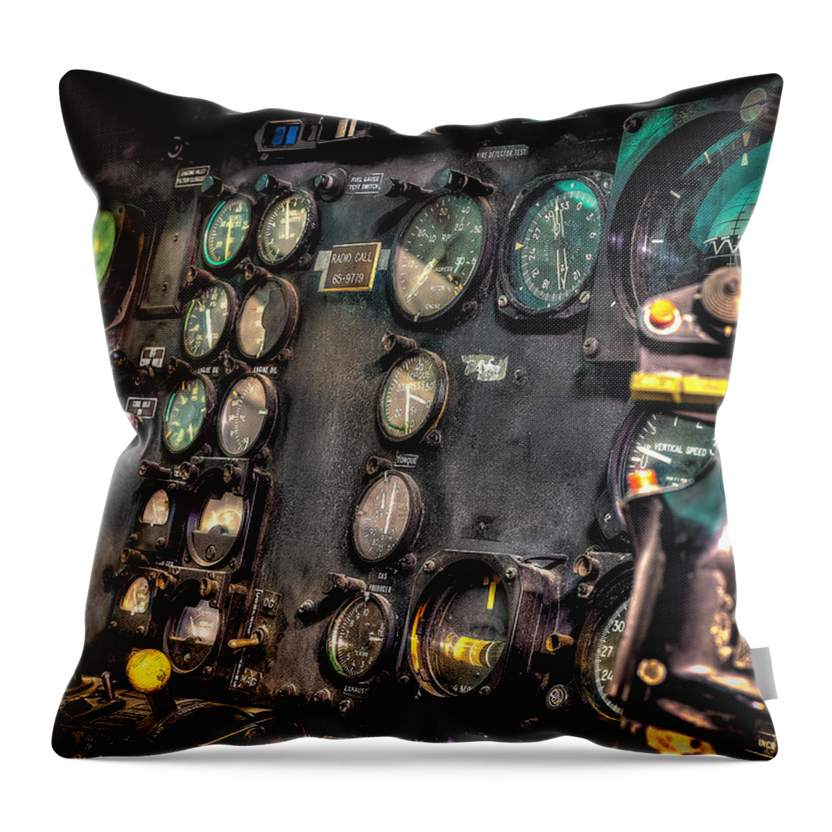 Huey Instrument Panel Throw Pillow featuring the photograph Huey Instrument Panel by David Morefield