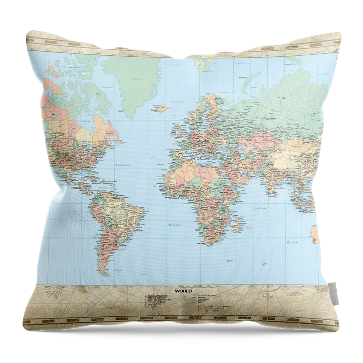 Huge Hi Res Mercator Projection Political World Map Throw Pillow For