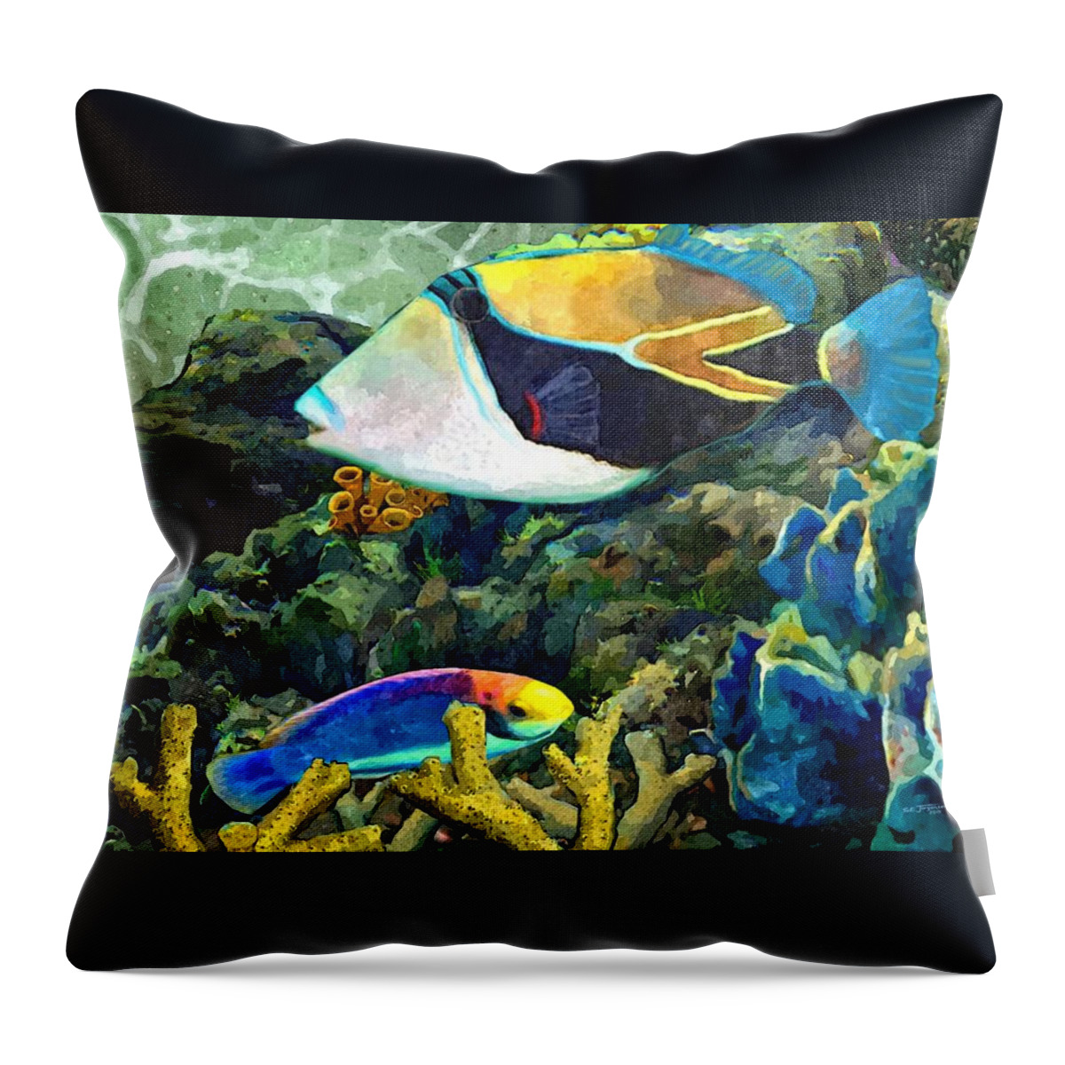Hawaiian Fish Throw Pillow featuring the painting Humuhumu And a Wrasse by Stephen Jorgensen