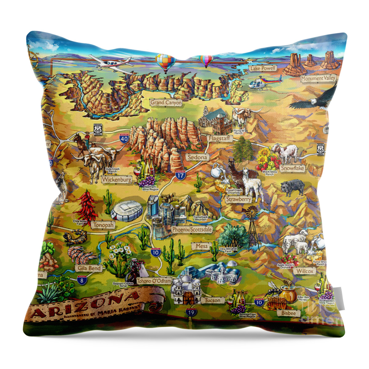 Arizona Map Throw Pillow featuring the painting Illustrated Map of Arizona by Maria Rabinky