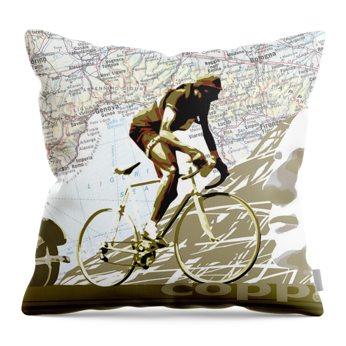 Coppi Vintage Map Cycling Throw Pillow featuring the digital art Illustration print Giro de Italia Coppi vintage map cycling by Sassan Filsoof