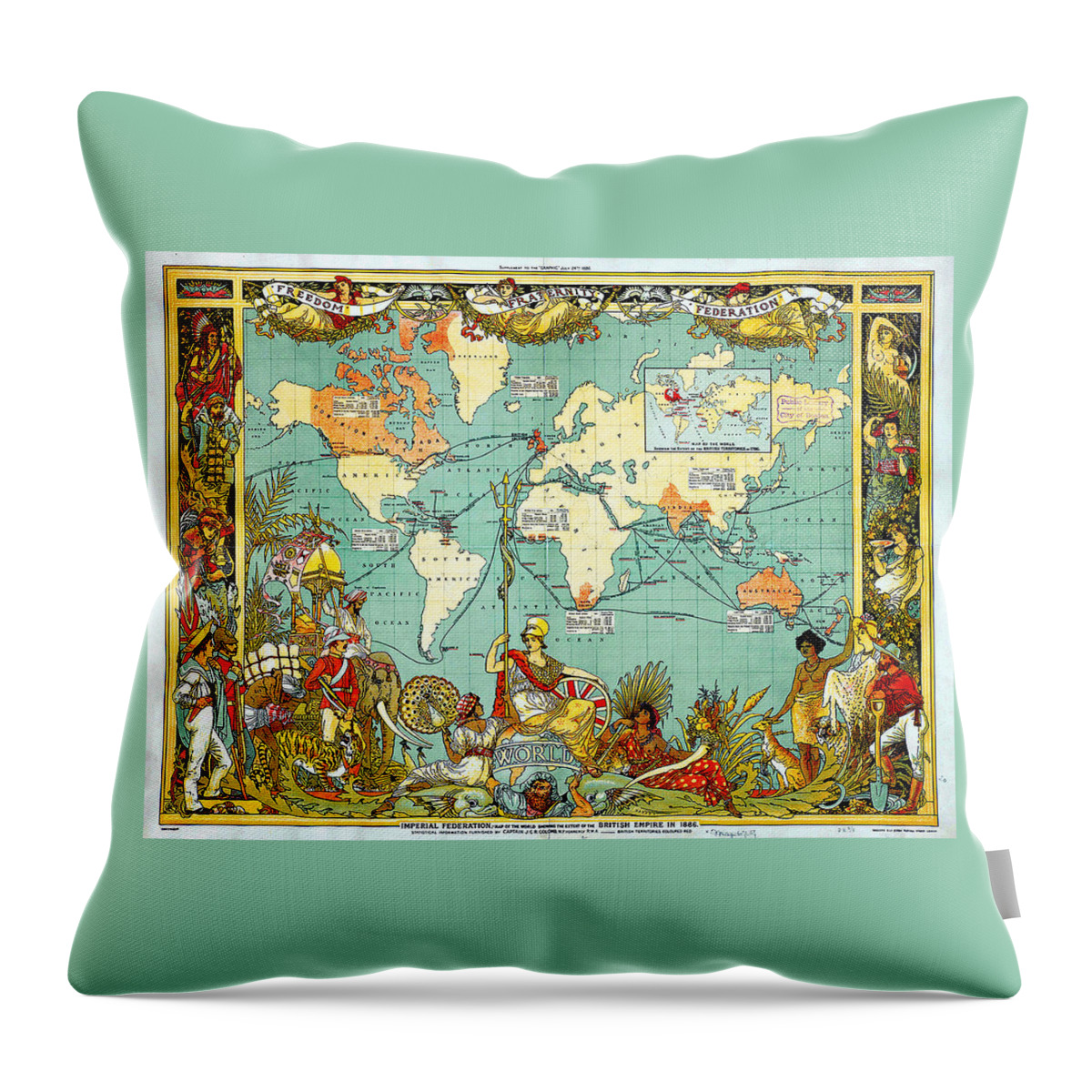 Imperial Federation Map Of The World Showing The Extent Of The British Empire In 1886 Levelled Throw Pillow featuring the painting Imperial Federation Map of the World Showing the Extent of the British Empire in 1886 levelled by MotionAge Designs