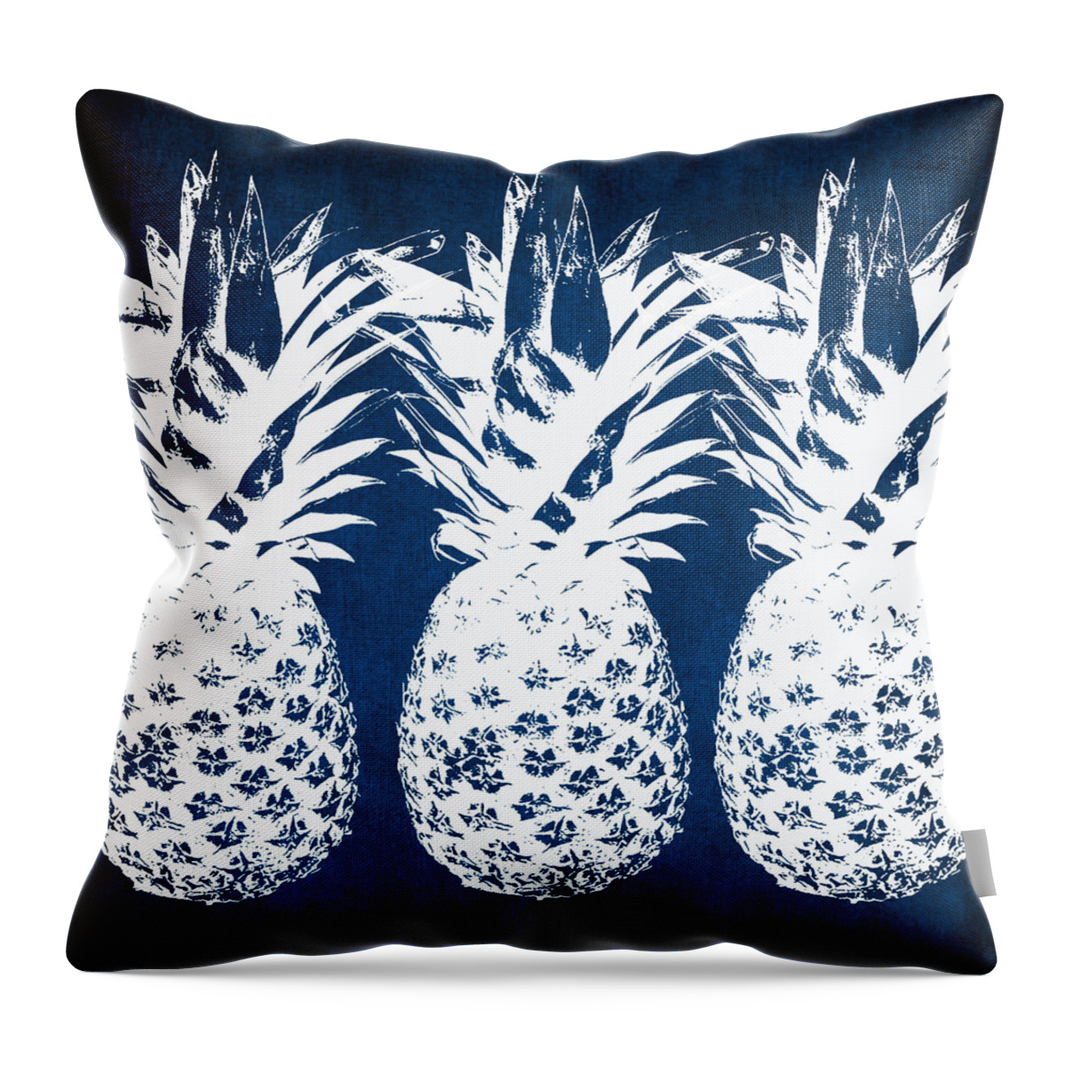 Indigo White Pineapple Blue White Print Fruit Food Kitchen Art Nature Tropical Cafe Art Bakery Art Peaceful Coastal Hawaii Beach Bedroom Art Rate My Skype Room Living Room Art Gallery Wall Art Art For Interior Designers Hospitality Art Set Design Wedding Gift Art By Linda Woods Vacation Travel Throw Pillow featuring the painting Indigo and White Pineapples by Linda Woods