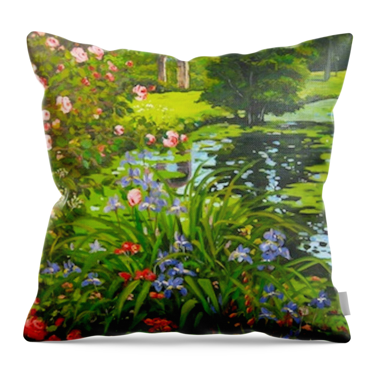 Landscape Throw Pillow featuring the painting Irises on the Pond by Ingrid Dohm