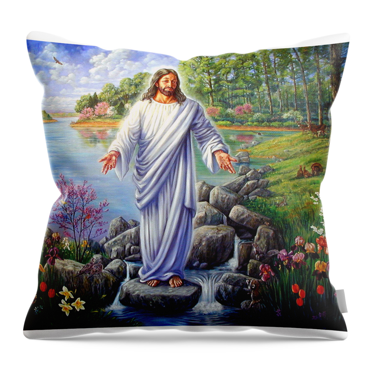 Jesus Throw Pillow featuring the painting Jesus in the Ozarks by John Lautermilch