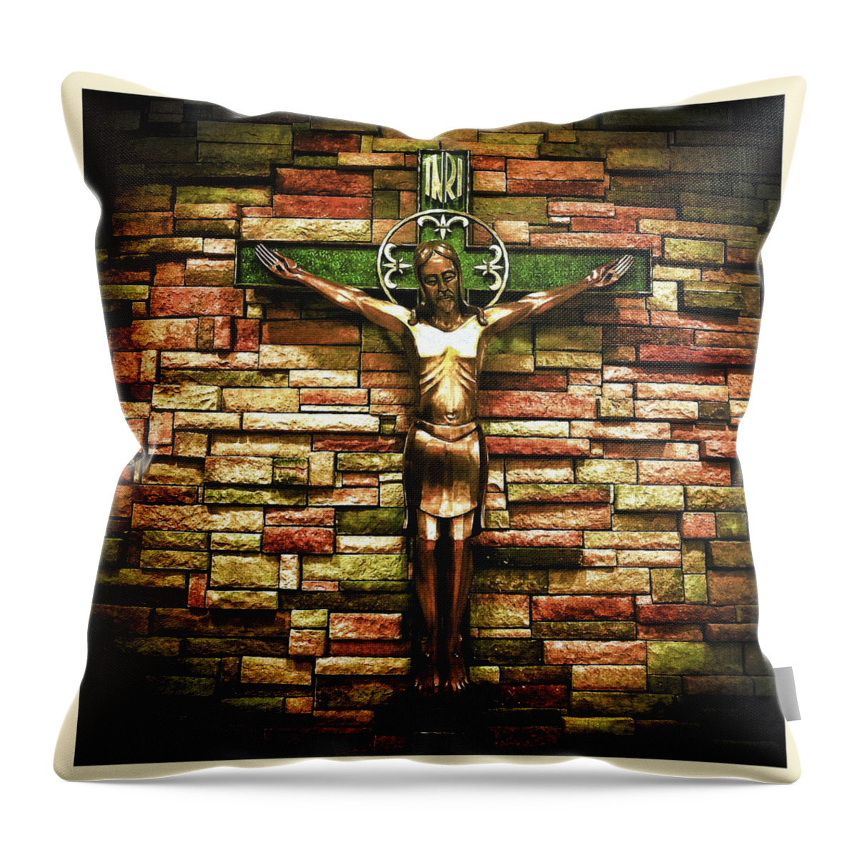 Church Throw Pillow featuring the photograph Jesus Is His Name cream border by Al Harden