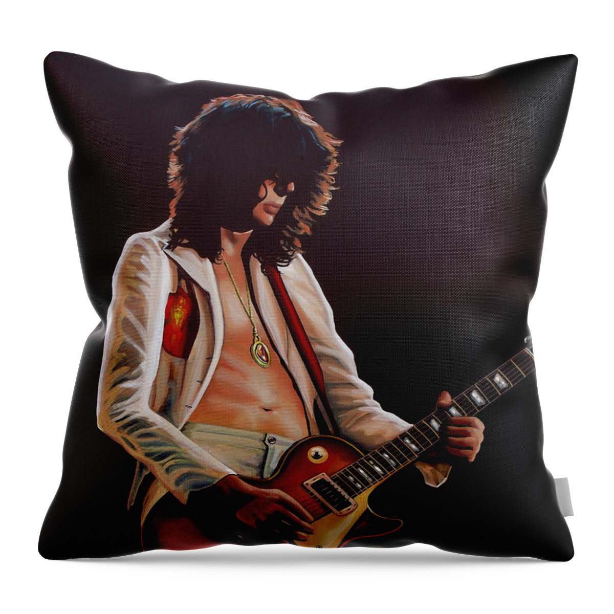 Jimmy Page Throw Pillow featuring the painting Jimmy Page in Led Zeppelin Painting by Paul Meijering