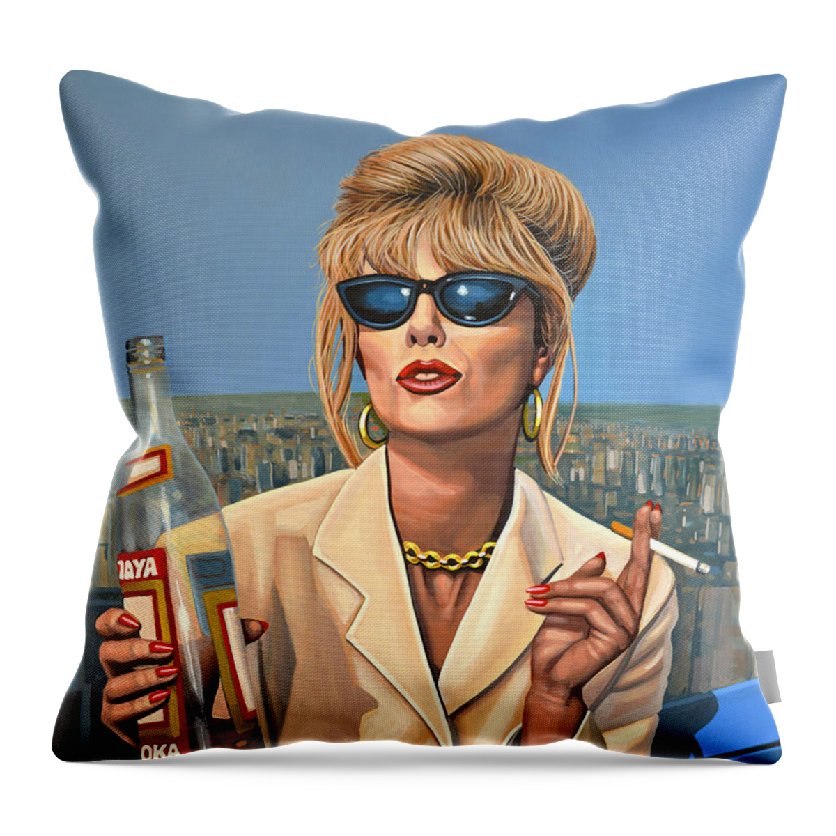 Joanna Lumley Throw Pillow featuring the painting Joanna Lumley as Patsy Stone by Paul Meijering