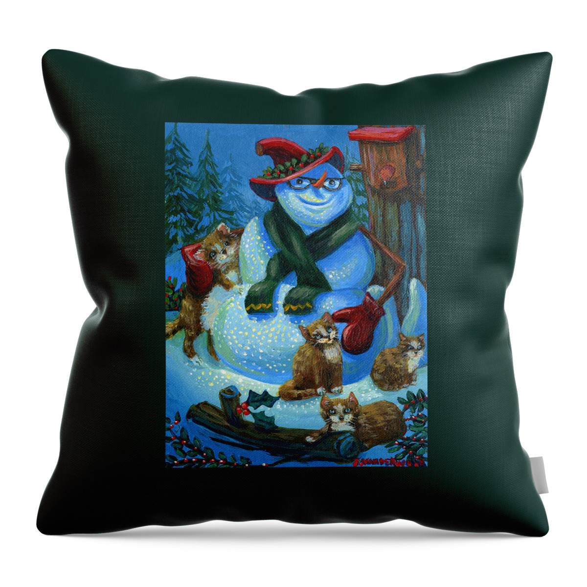 Snowman Throw Pillow featuring the painting Jolly Snowman and Friends by Jacquelin L Vanderwood Westerman