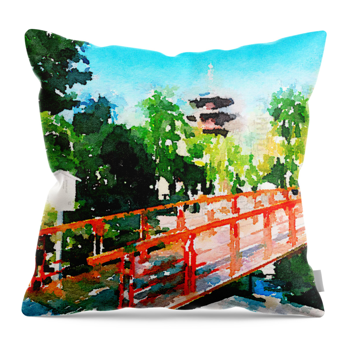Kawasaki Daishi Throw Pillow featuring the painting Kawasaki Daishi Bridge and Five-Storied Pagoda by Beverly Claire Kaiya