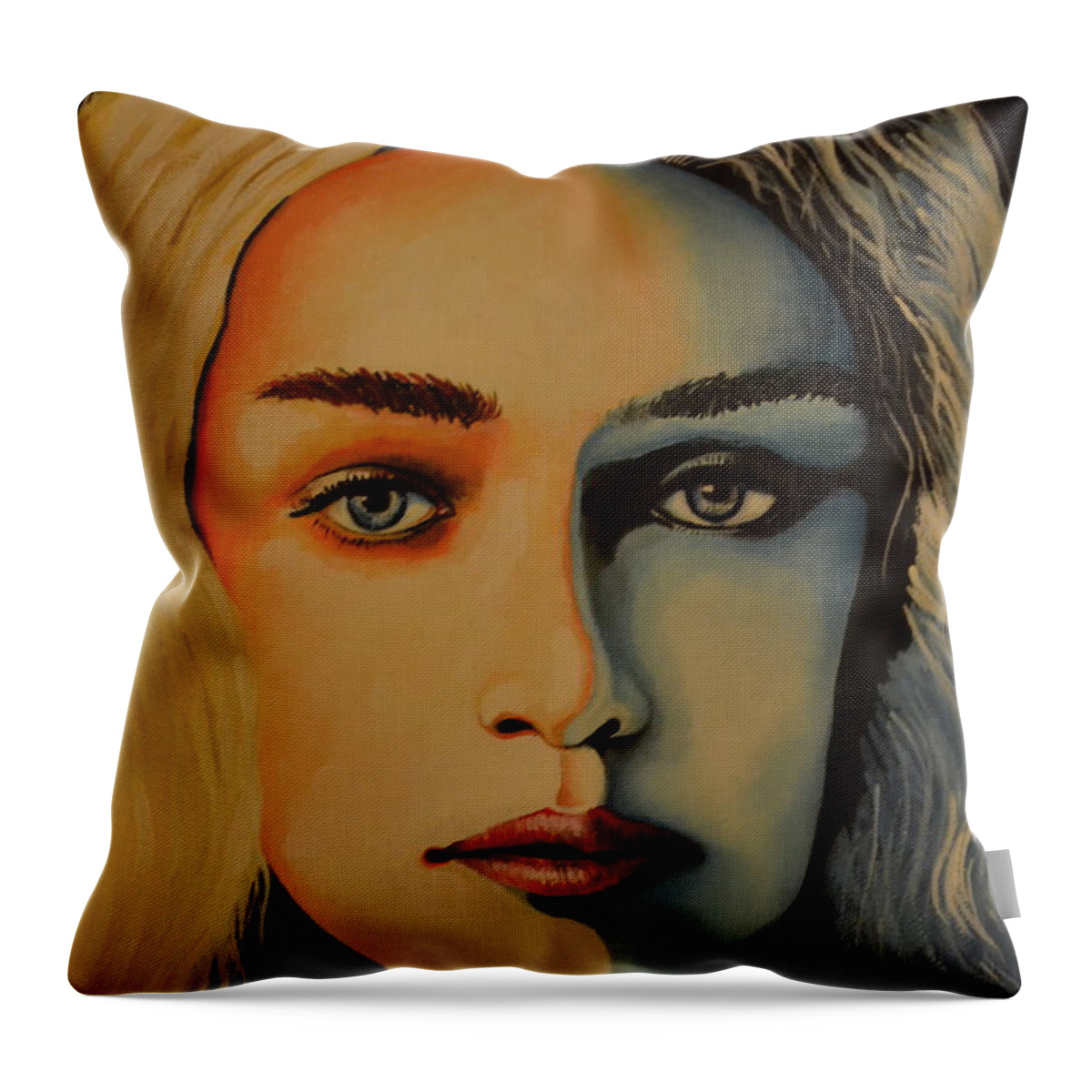 This Is A Painting Of Khalessi From The Series The Game Of Thrones. Her Face Is Painted In Two Different Colors. The Blue Represents Her Cold Side And The Bright Colors Her Caring Side. Throw Pillow featuring the painting Khaleesi Game of Thrones by Martin Schmidt