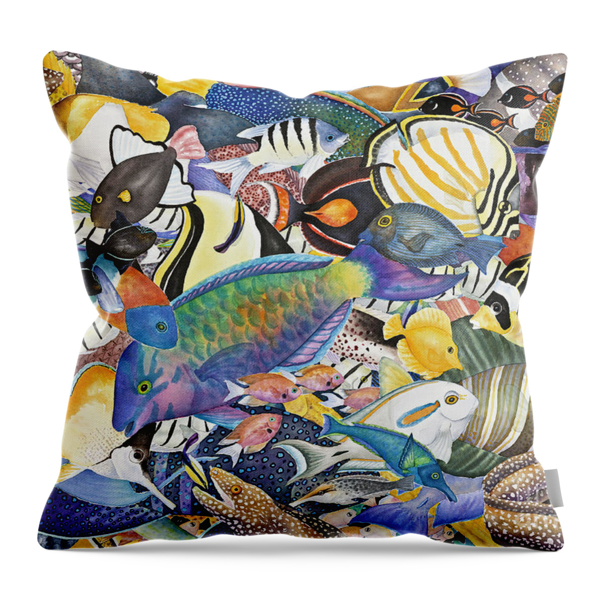 Fish Throw Pillow featuring the painting Kona Crowd by Lucy Arnold