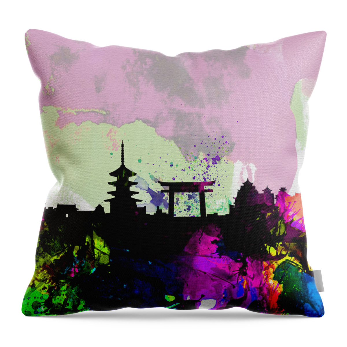 Kyoto Throw Pillow featuring the painting Kyoto Watercolor Skyline by Naxart Studio