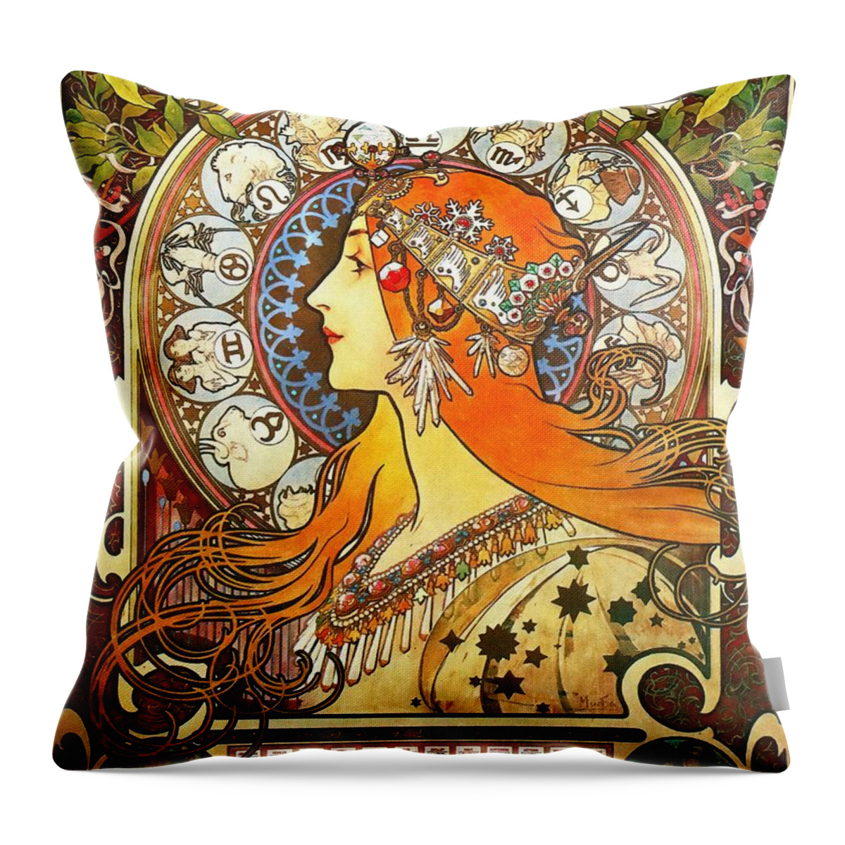 Alphonse Mucha Throw Pillow featuring the painting La Plume Zodiac by Alphonse Mucha