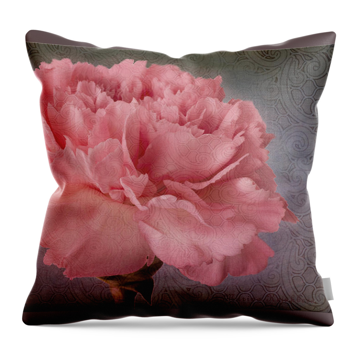 Pink Carnation Bloom Throw Pillow featuring the photograph Carnation Fascination by Marina Kojukhova