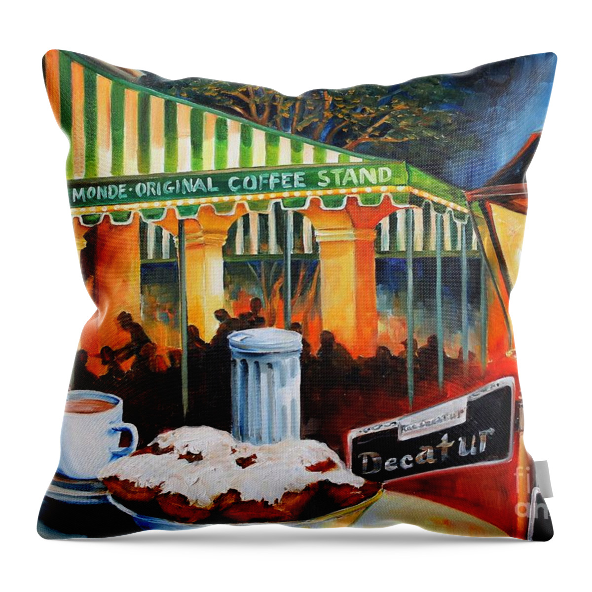 New Orleans Throw Pillow featuring the painting Late at Cafe Du Monde by Diane Millsap