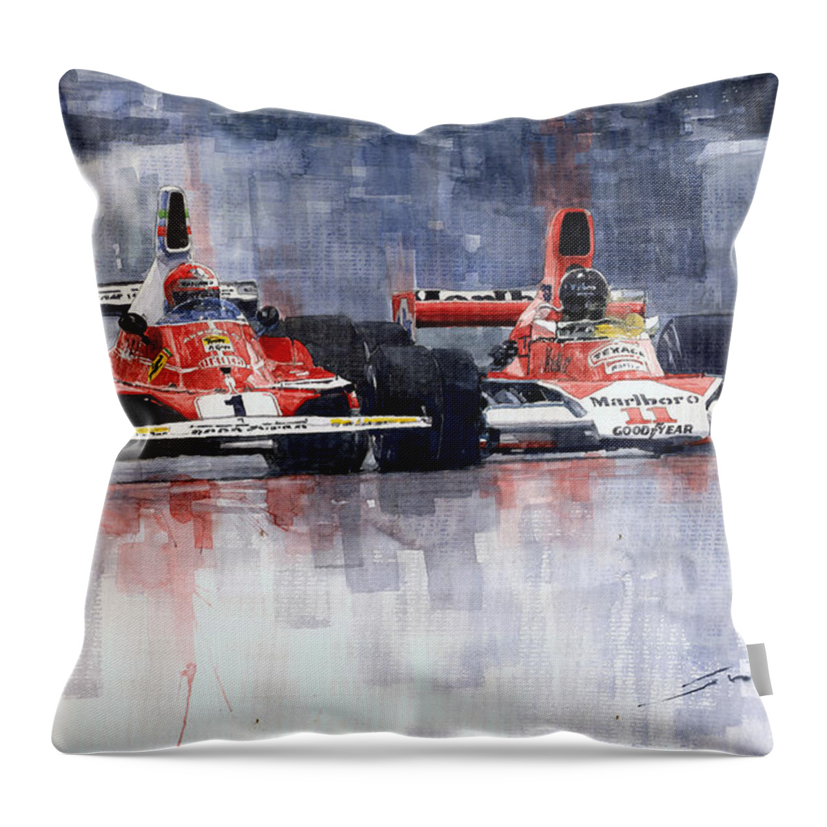 Watercolor Throw Pillow featuring the painting Lauda vs Hunt Brazilian GP 1976 by Yuriy Shevchuk