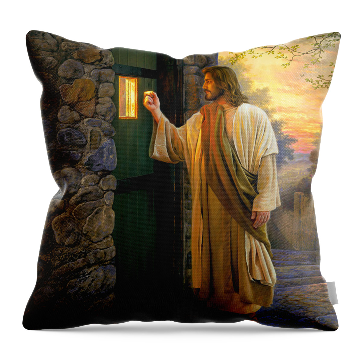 Jesus Throw Pillow featuring the painting Let Him In by Greg Olsen