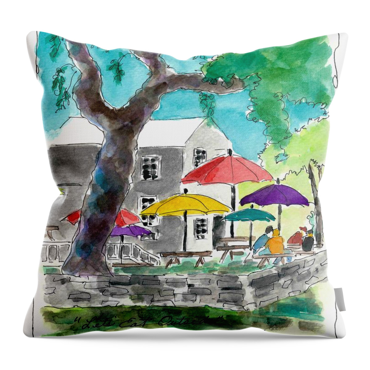 Outdoors Throw Pillow featuring the painting Let's Eat Outside by Adele Bower