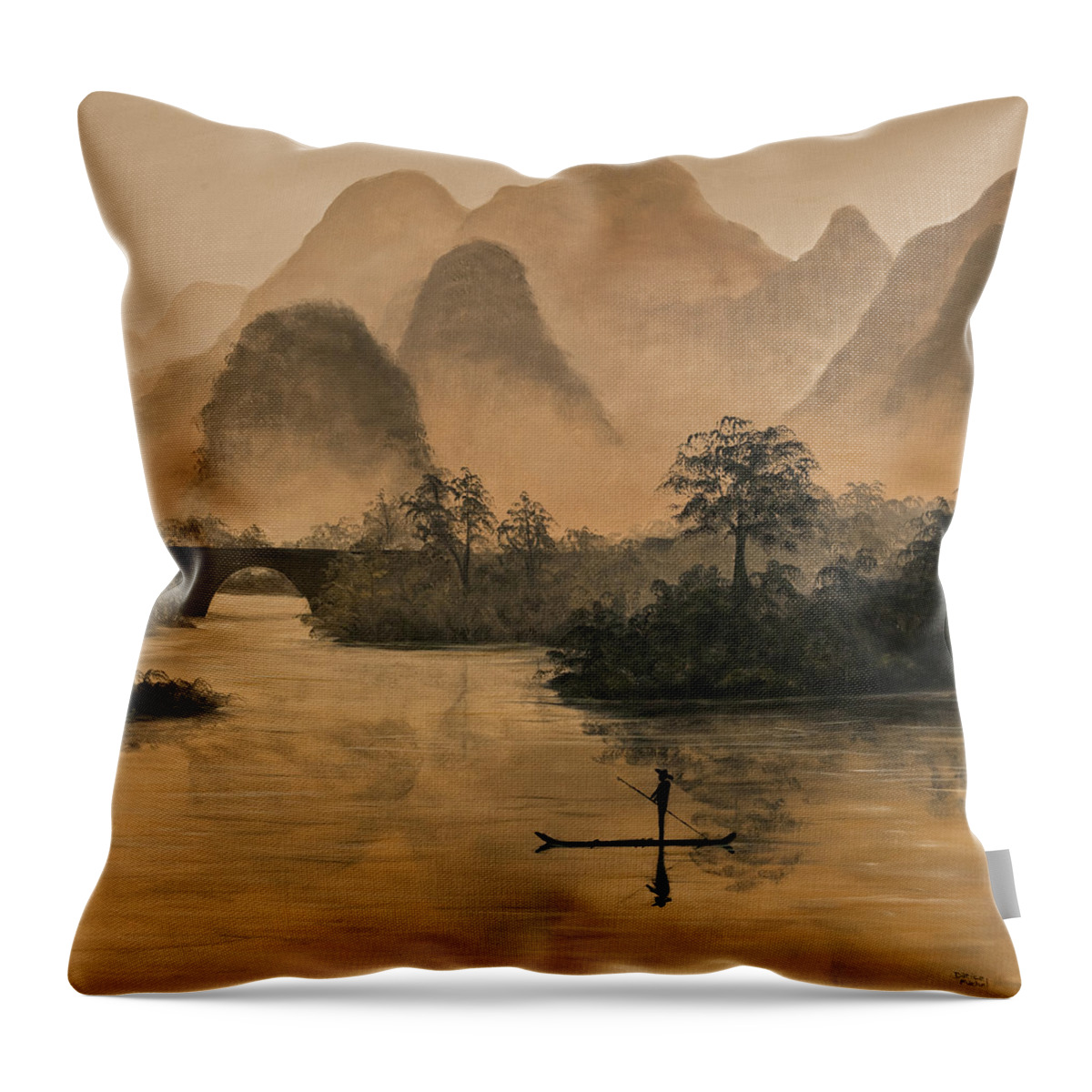 River Throw Pillow featuring the painting Li River China by Darice Machel McGuire