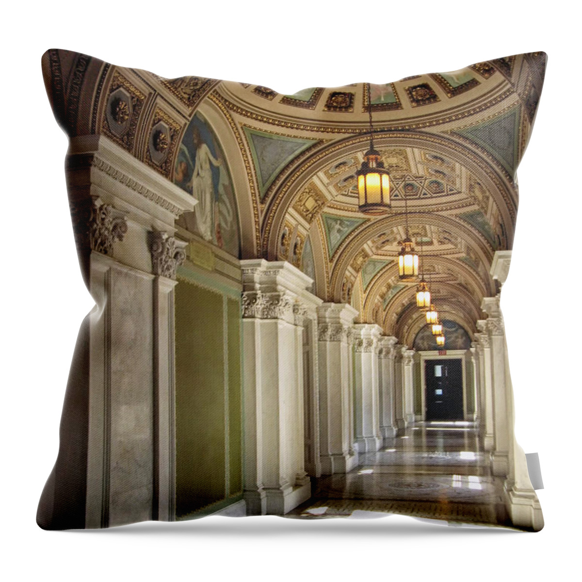 Washington Dc Throw Pillow featuring the photograph Library of Congress Hallway Washington DC by Mary Lee Dereske