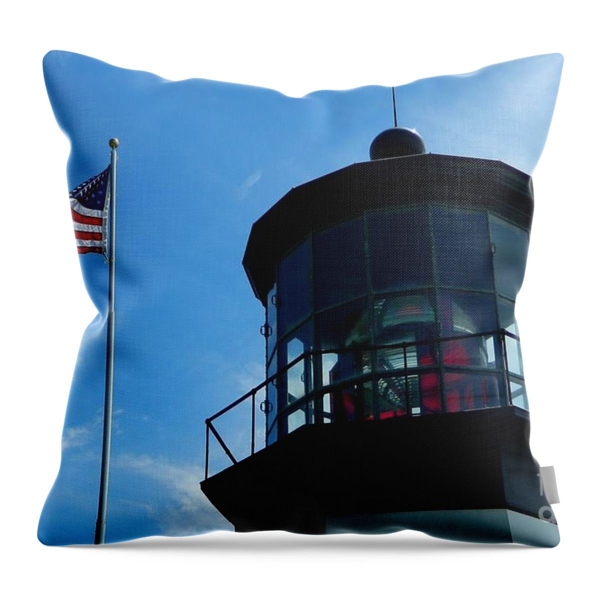 Flag Throw Pillow featuring the photograph Lighthouse with Flag by Gallery Of Hope 