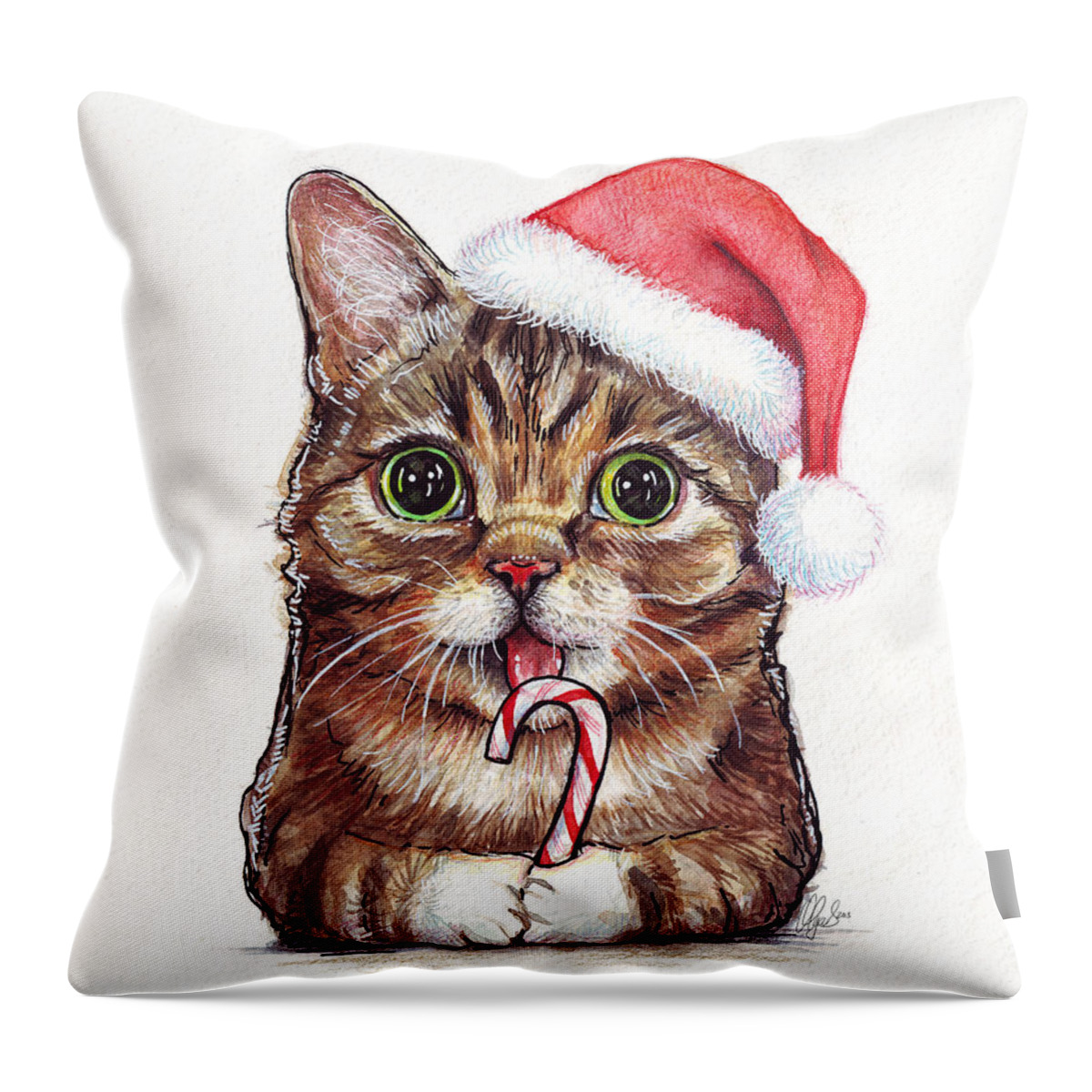 Lil Bub Throw Pillow featuring the painting Cat Santa Christmas Animal by Olga Shvartsur