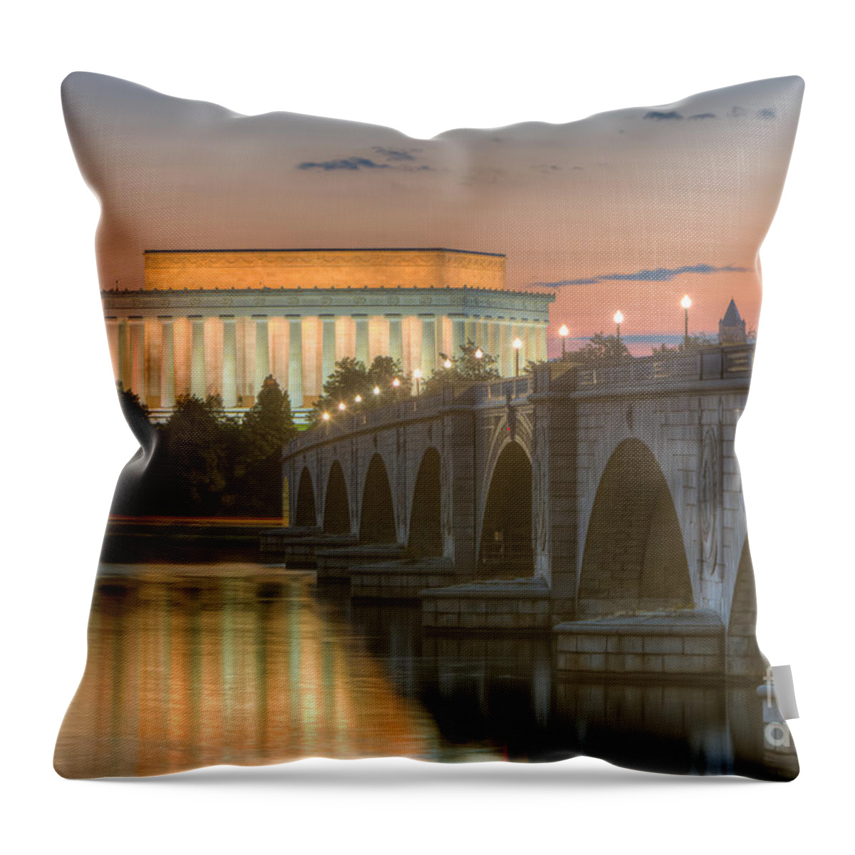 Clarence Holmes Throw Pillow featuring the photograph Lincoln Memorial and Arlington Memorial Bridge at Dawn I by Clarence Holmes