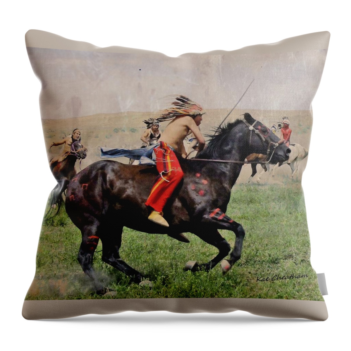 American Indian Throw Pillow featuring the mixed media Little BigHorn Reenactment 1 by Kae Cheatham