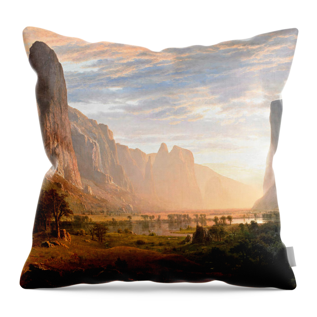 Albert Bierstadt Throw Pillow featuring the painting Looking down Yosemite Valley by Albert Bierstadt