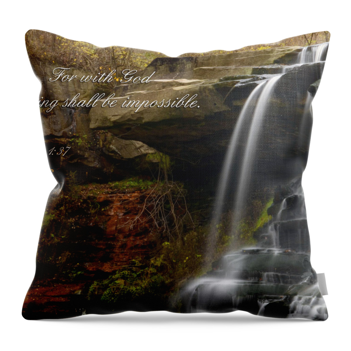 Luke 1:37 Throw Pillow featuring the photograph Luke Scripture Waterfall by Ann Bridges