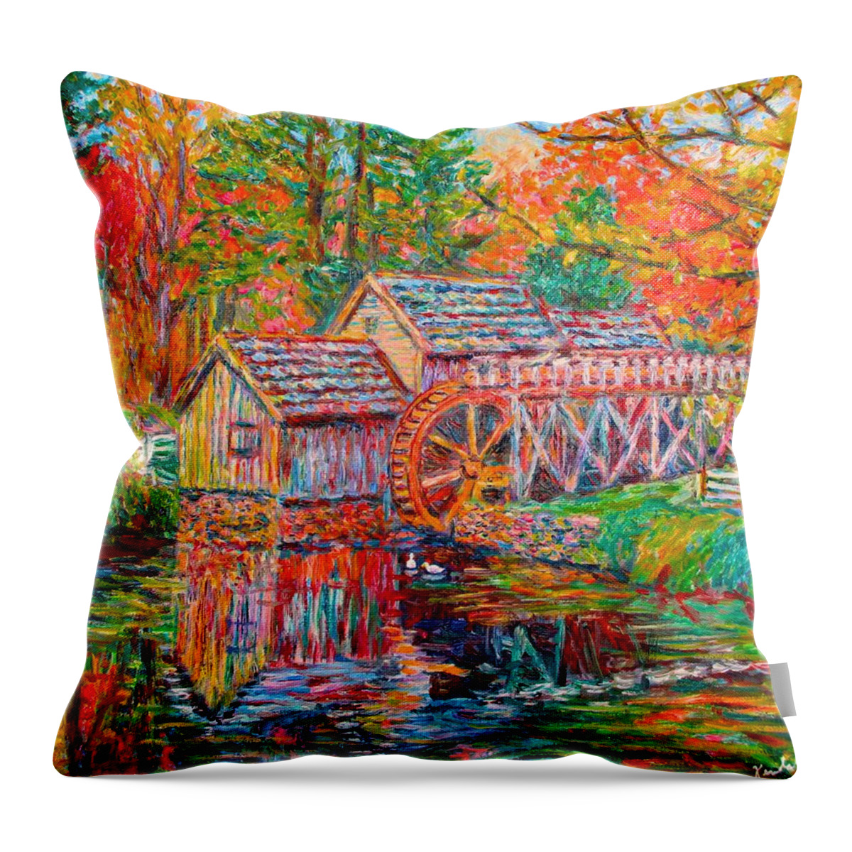 Mabry Mill Throw Pillow featuring the painting Mabry Mill in Fall by Kendall Kessler