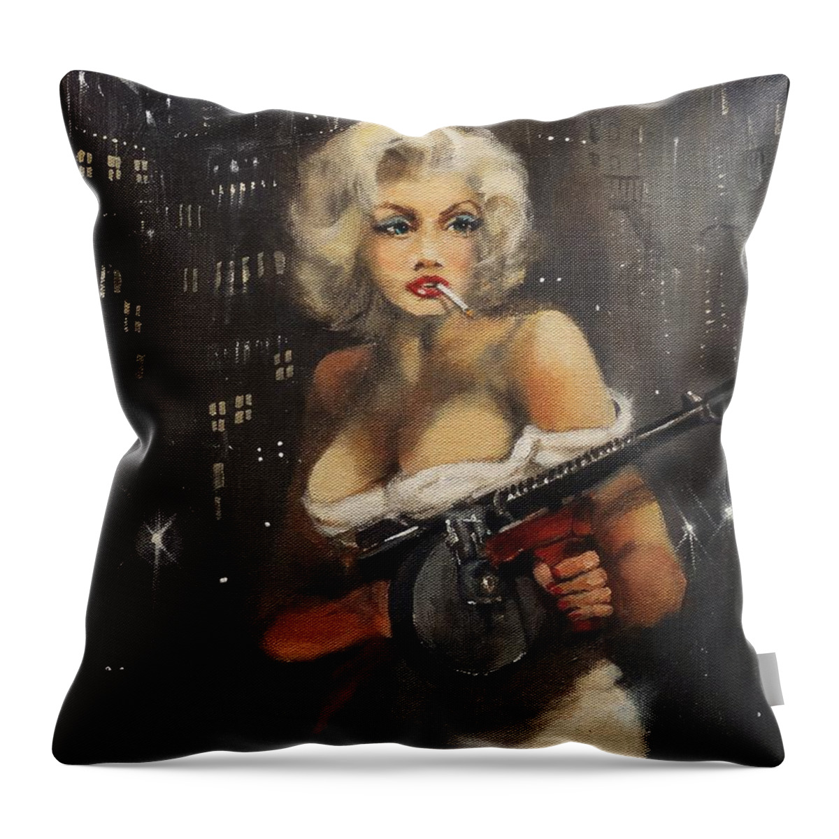 Bootleggers Throw Pillow featuring the painting Machine Gun Madam by Tom Shropshire