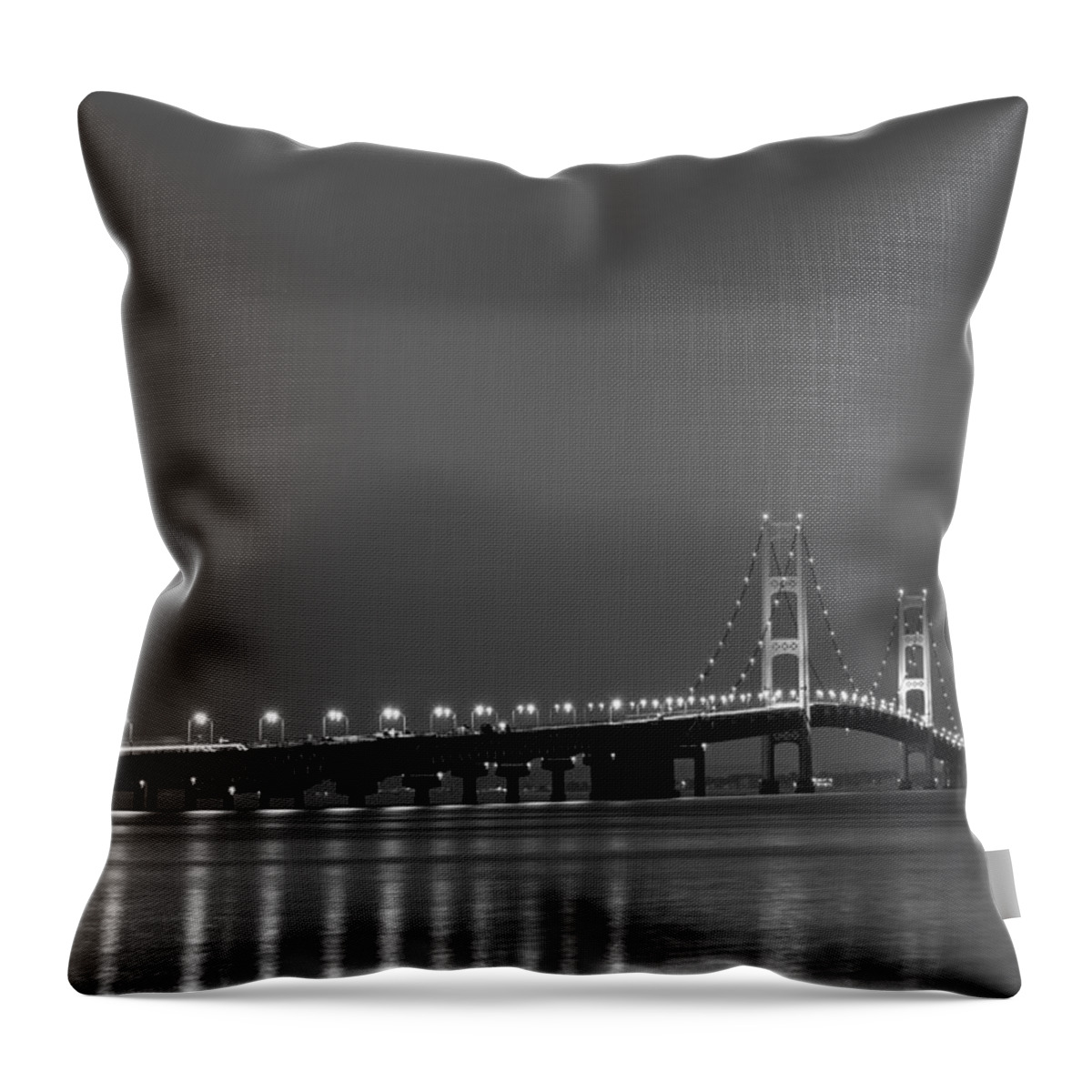 Dusk Throw Pillow featuring the photograph Mackinac Bridge Black and White by Sebastian Musial