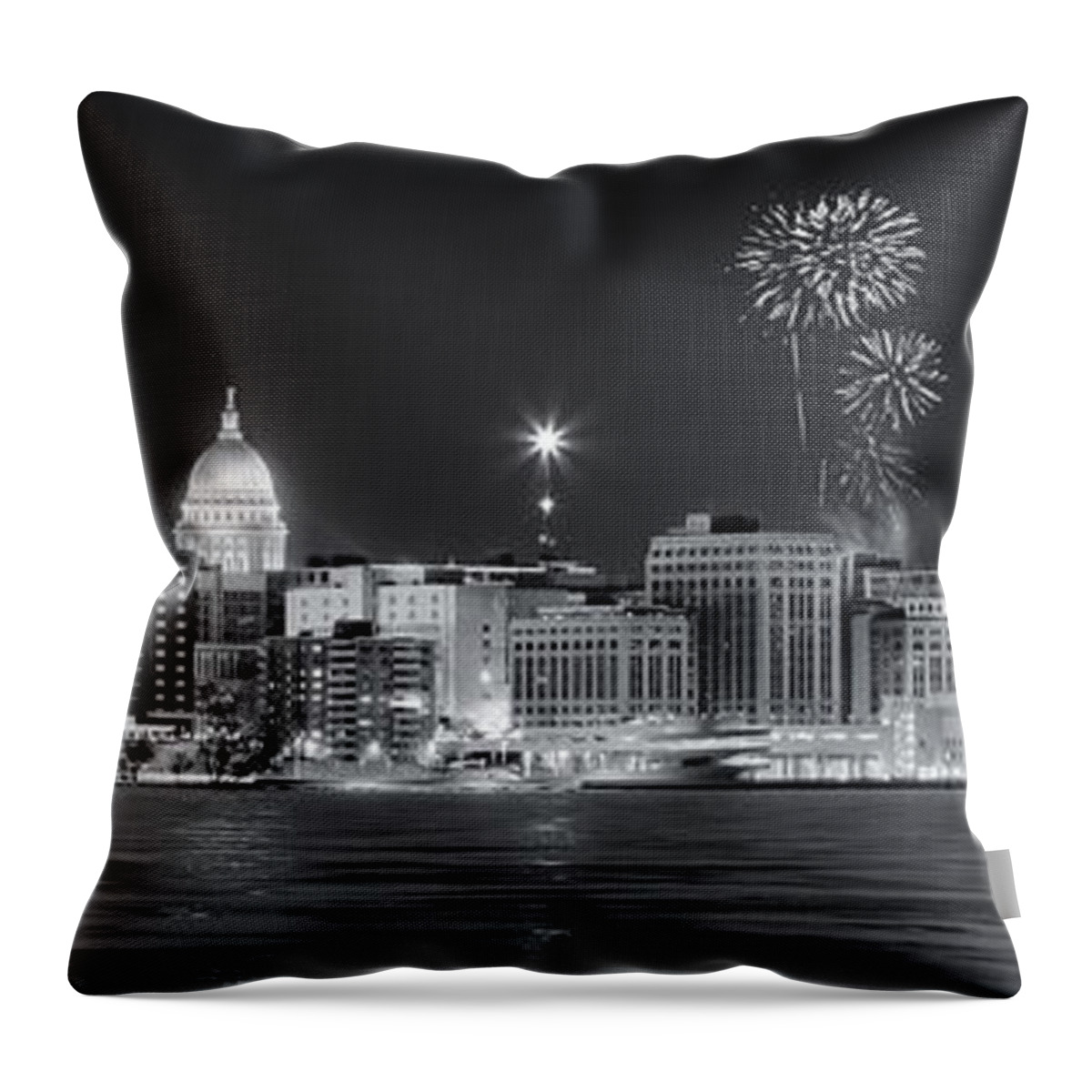 Capitol Throw Pillow featuring the photograph Madison - Wisconsin - New Years Eve Panorama Black and White by Steven Ralser