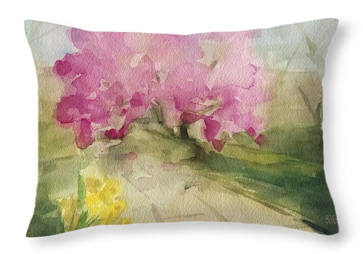 Landscape Throw Pillow featuring the painting Magnolia Tree Central Park Watercolor Landscape Painting by Beverly Brown Prints