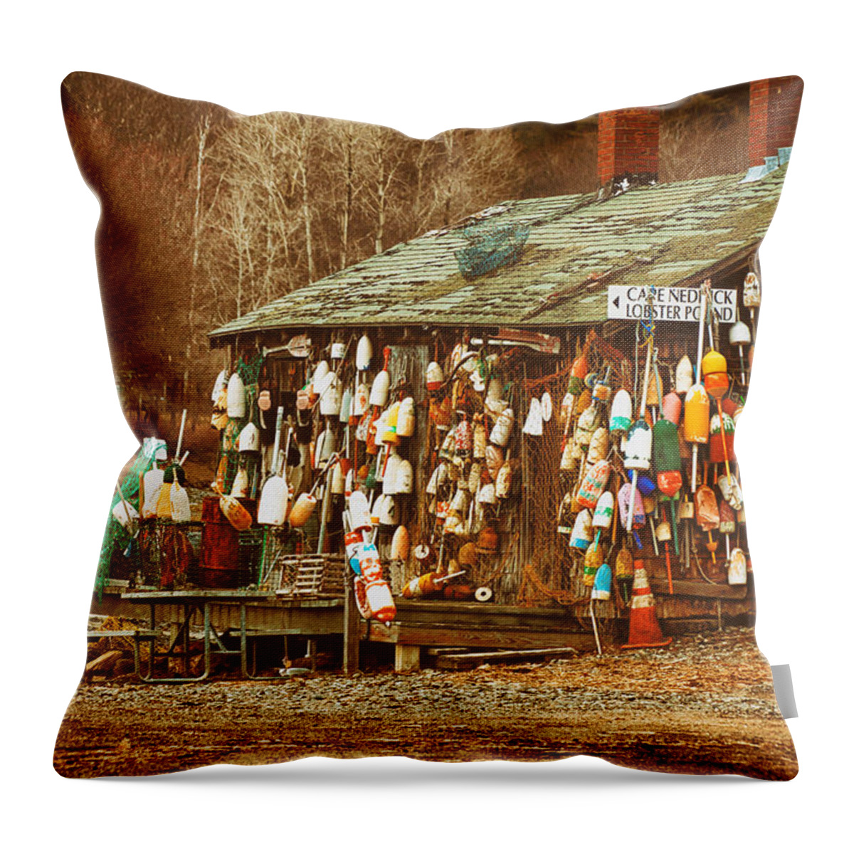 Maine Landscape Photography Throw Pillow featuring the photograph Maine lobster buoys by Jeff Folger