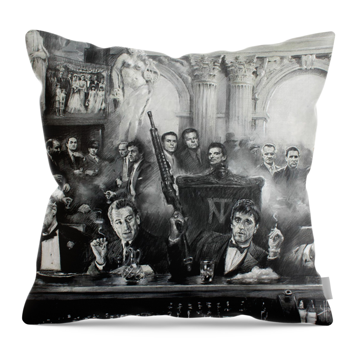 Gangsters Throw Pillow featuring the drawing Make Way For The Bad Guys by Ylli Haruni