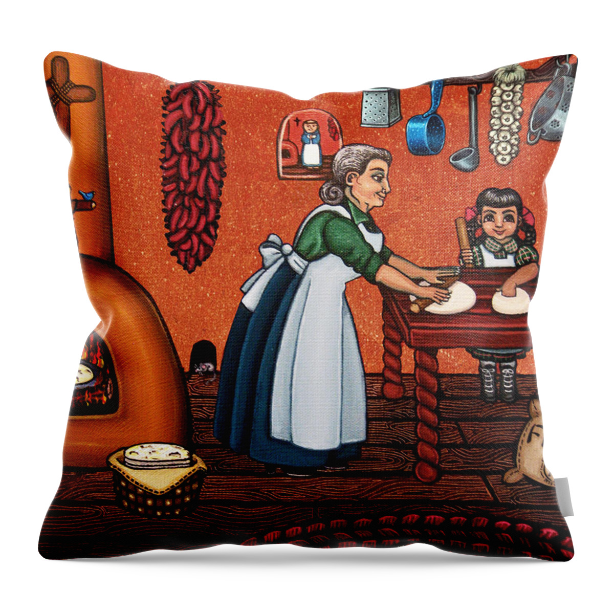 Cook Throw Pillow featuring the painting Making Tortillas by Victoria De Almeida