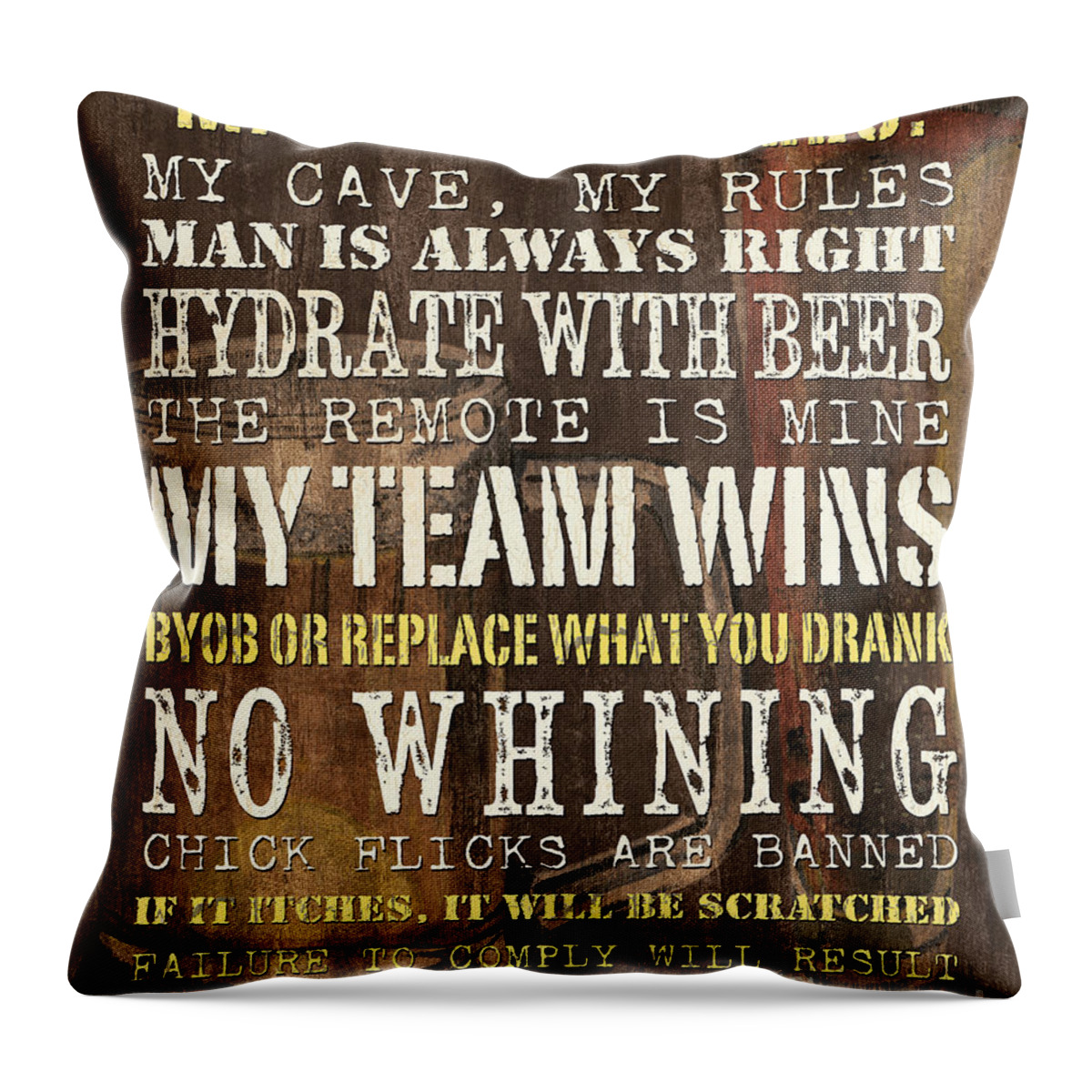 Man Throw Pillow featuring the painting Man Cave Rules 2 by Debbie DeWitt