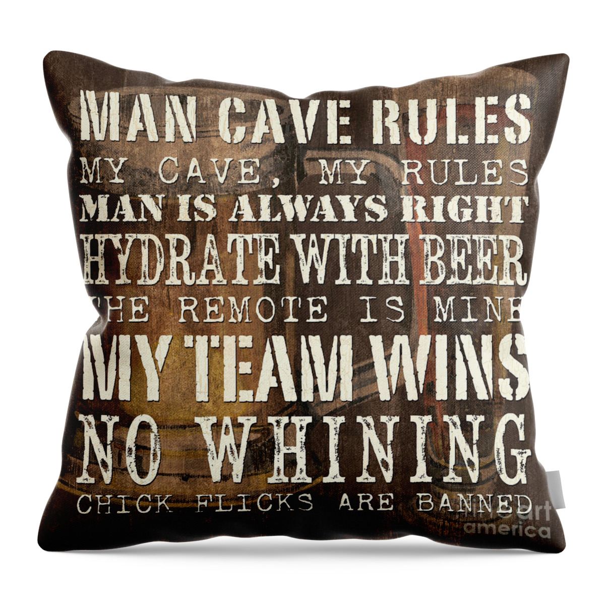 Man Throw Pillow featuring the painting Man Cave Rules Square by Debbie DeWitt